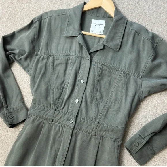 Abercrombie & Fitch Petite Utility Jumpsuit Military Green Cotton Long Sleeve - Picture 6 of 16